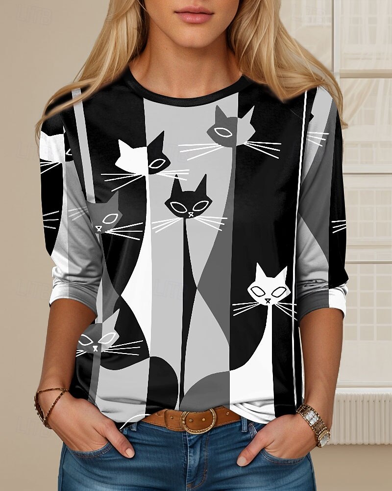 Camiseta Feminina de Manga Longa Gola Redonda Longa Tunic Casual Ombre Impressão de Gato Tops Regulares Diários Pretos Primavera Outono Pré-Outono de 2026 por $24.99 –P1