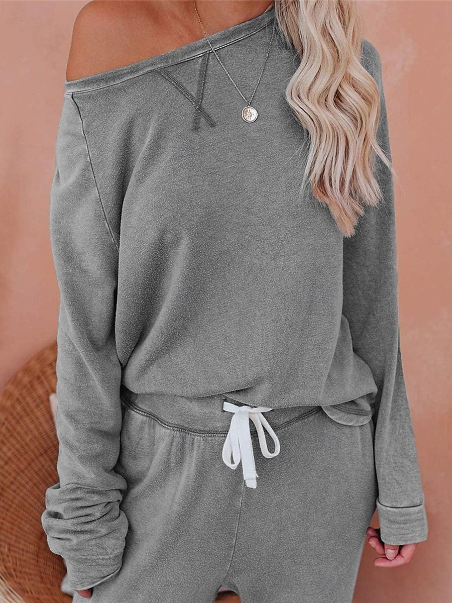 pyjamasset för kvinnor ren färg mode grundläggande komfort hem daglig säng andas rund hals långärmad byxficka resår midja höst vinter hem outfits 2025 - $36.99 –P14