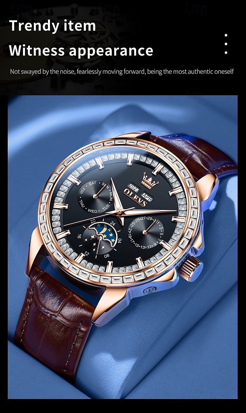 OLEVS Men Mechanical Watch Fashion Business Wristwatch Automatic Self-winding Moon phase Luminous Perpetual Calendar Steel Leather Watch 2025 - $147.99 –P3