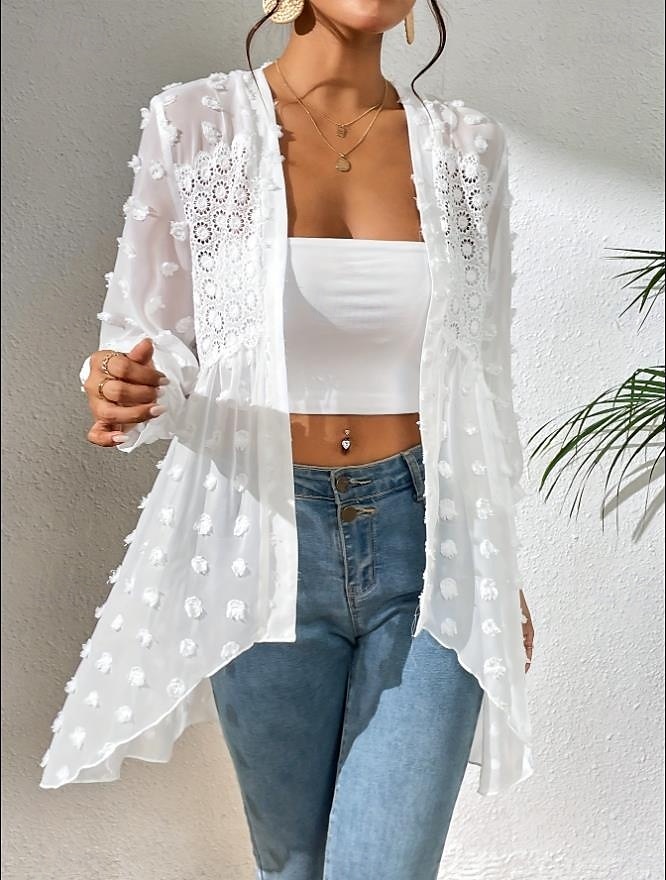 Women's Shirt Elegant Ladies Solid Color Eyelet Asymmetric Hem Long Sleeve V Neck Daily Black White Spring Fall Winter 2025 - $38.99 –P1