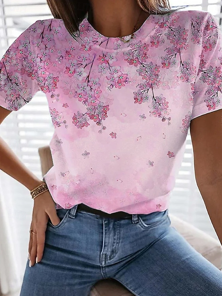 kvinners t-skjorte uformelt trykk kortermet vanlige topper daglig rosa blå sommer 2025 - $19.99 –P1