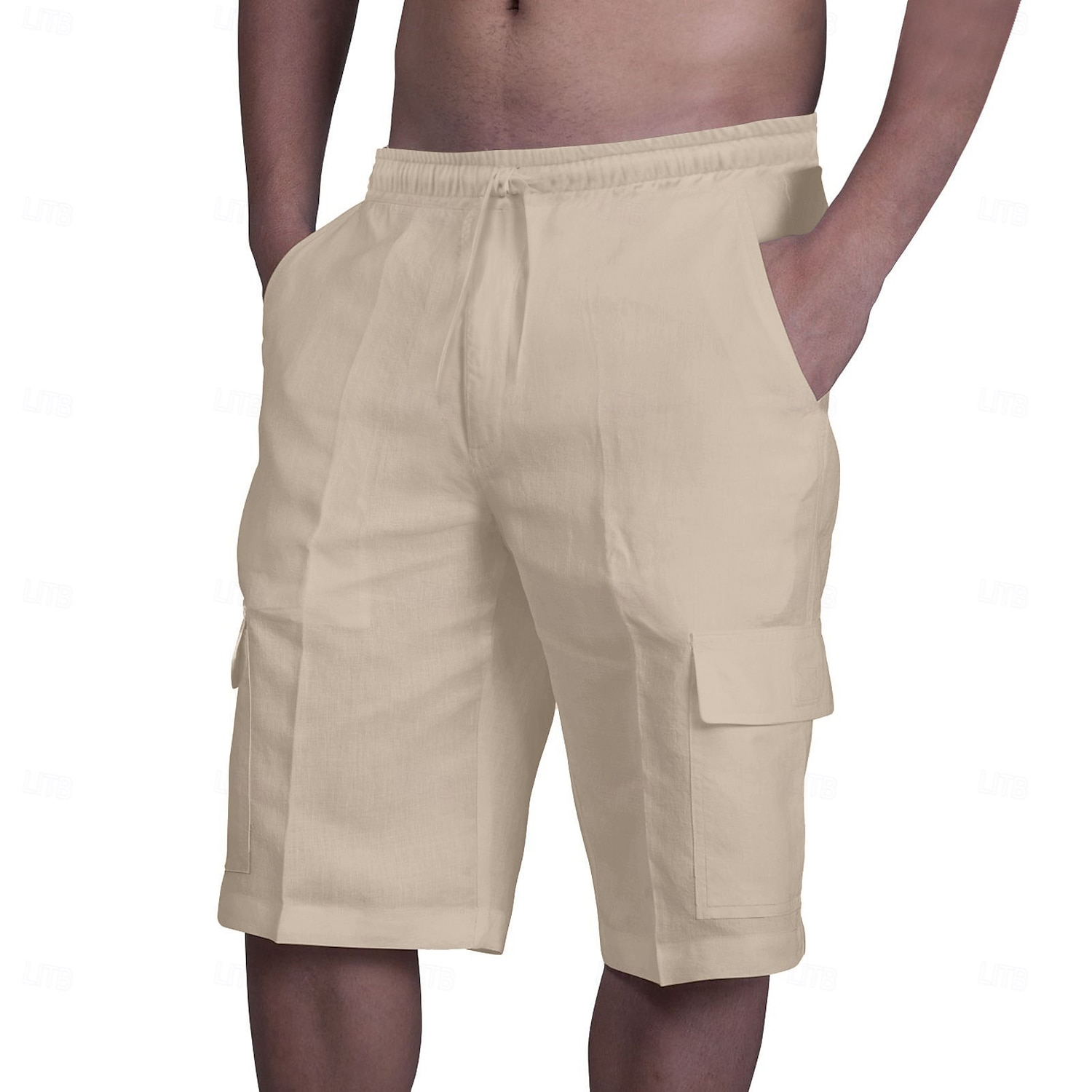 Men's Cargo Shorts Shorts Linen Shorts Summer Shorts Beach Shorts Drawstring Elastic Waist Multi Pocket Plain Knee Length Beach Hawaiian Casual Black White Inelastic 2025 - $22.99 –P7
