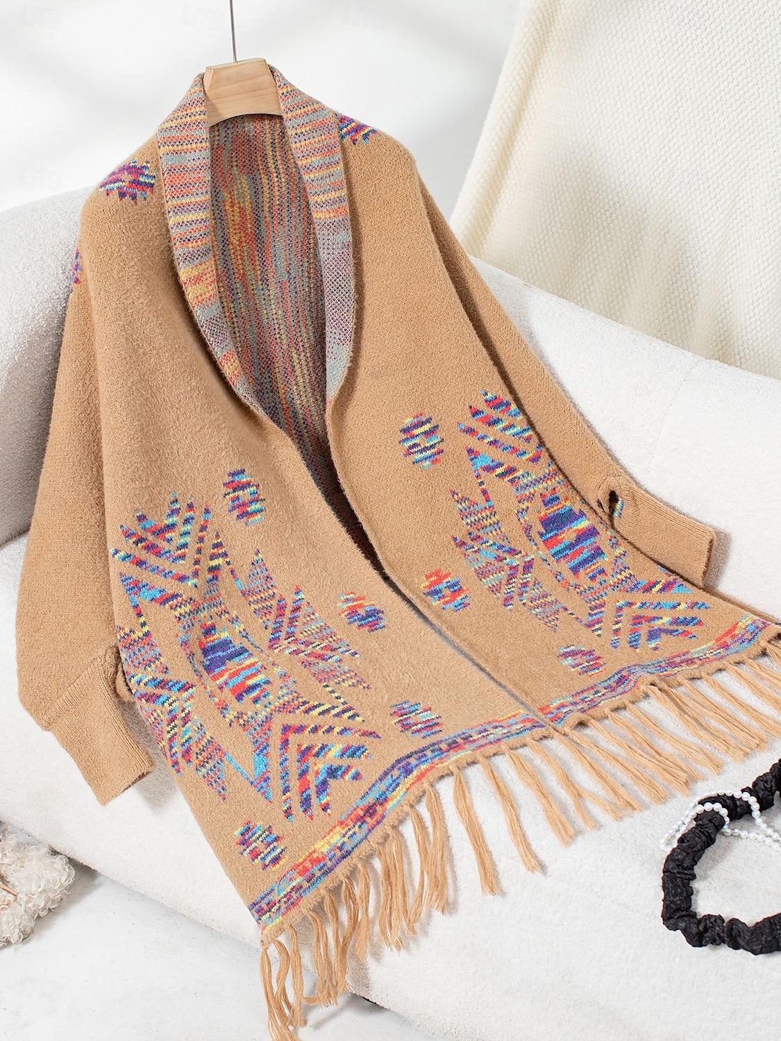 Damskie Bolerko Moda Codzienny Geometryczny Otwarty przód Nadruk Długi rękaw Długie topy Robić na drutach Formalny Praca Weekend Czarny Khaki Jesień Zima 2025 - $61.99 –P7