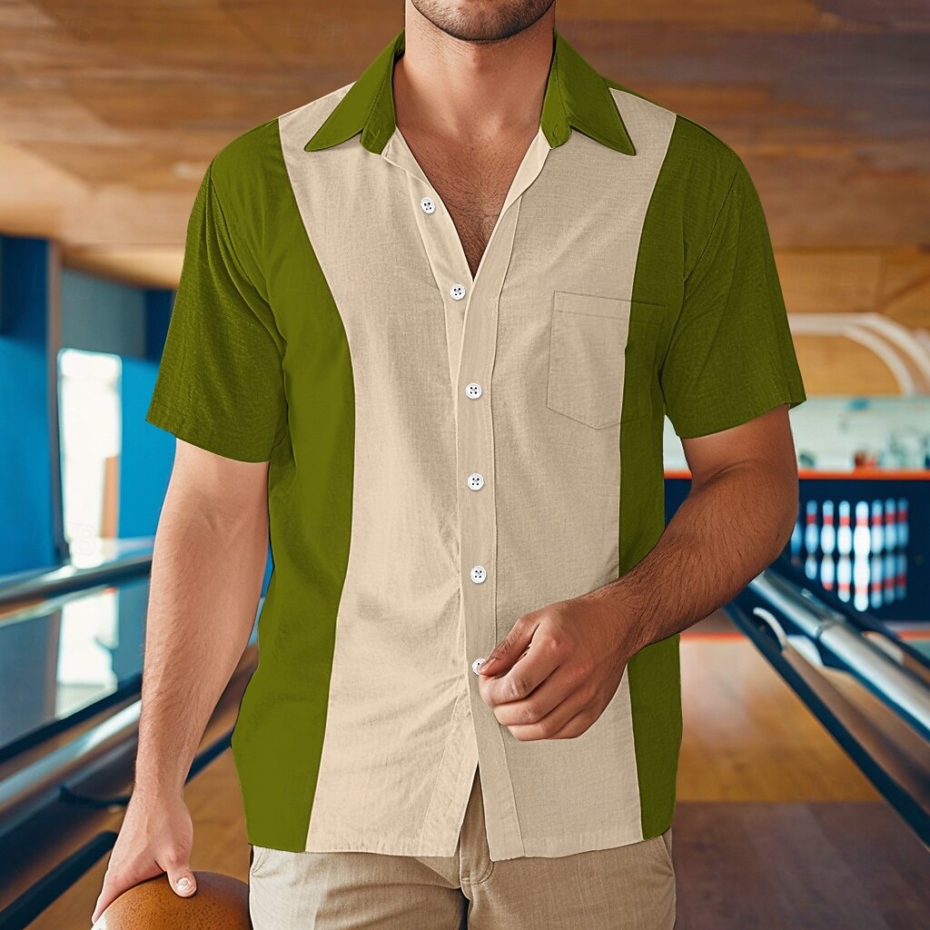 Men's Shirt Summer Shirt Beach Wear Casual Shirt Bowling Shirt Button Up Shirt Black Wine Blue Green Gray Short Sleeve Color Block Lapel Vacation Daily Front Pocket Clothing Apparel Cotton Fashion 2025 - $22.99 –P8