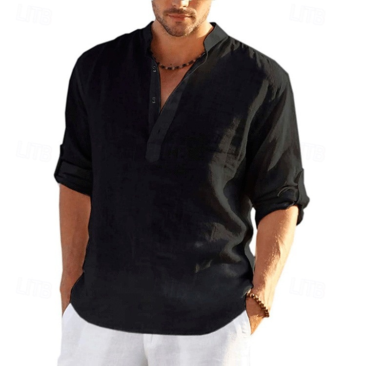 Herren Hemd leinenhemd Hemd mit Stehkragen Popover-Shirt Sommerhemd Strandbekleidung Feste Farbe Hawaiianisch Festtage Schwarz Weiß Gelb Rosa Langarm Henley Sommer Frühling Bekleidung Button-Down 2025 - $23.99 –P7