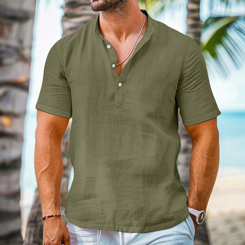 Per uomo Camicia camicia di lino Camicia con colletto a fascia Camicia popover Camicia estiva Abbigliamento mare Liscio Da mare Curise Nero Bianco Rosa Verde Manica corta Henley Estate Abbigliamento del 2025 a $22.99 –P9