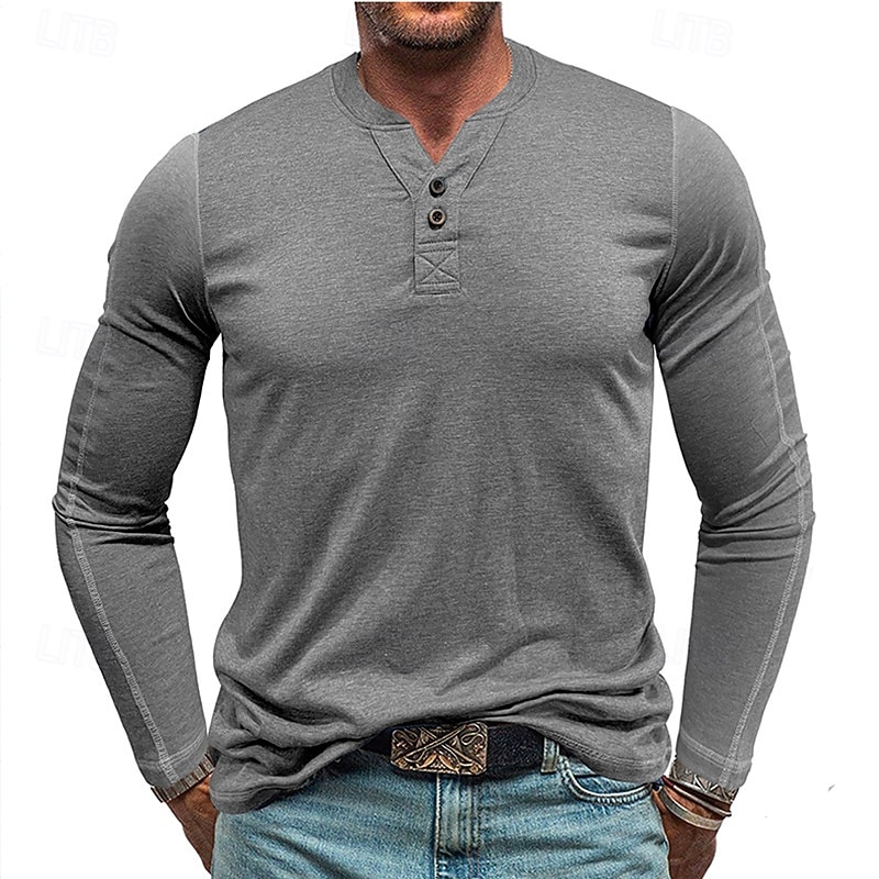 Herren T-Shirt mit Knöpfen T Shirt Henley Hemd T-Shirt Langarm Henley Frühling & Herbst Einfach Mode Designer Basic Urlaub Straße Ausgehen Meerblau Wein Blau Top T-Shirt für Herren 2025 - $26.99 –P13