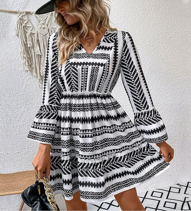 abito midi da donna con stampa geometrica e scollo a V, manica a 3/4, primavera autunno del 2025 a $39.99 –P3