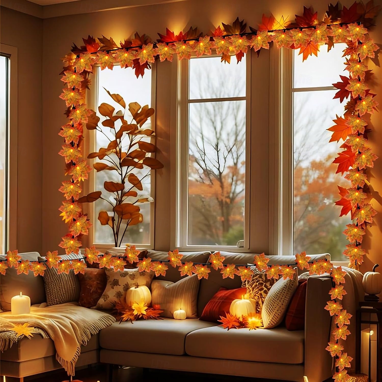 Ghirlandă artificială cu frunze de arțar cu energie solară 6,5 m 30 led-uri de Ziua Recunoștinței Halloween frunze de toamnă decorare în aer liber grădină interioară terasă șemineu pentru iluminat 2025 - $14.49 –P16