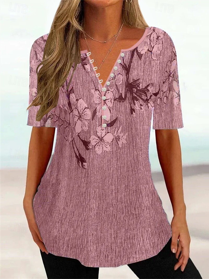 Women's T Shirt Henley Shirt Floral Vintage Tunic Short Sleeve V Neck Regular Tops Casual Daily Print Red Green Gray 2025 - $25.99 –P3
