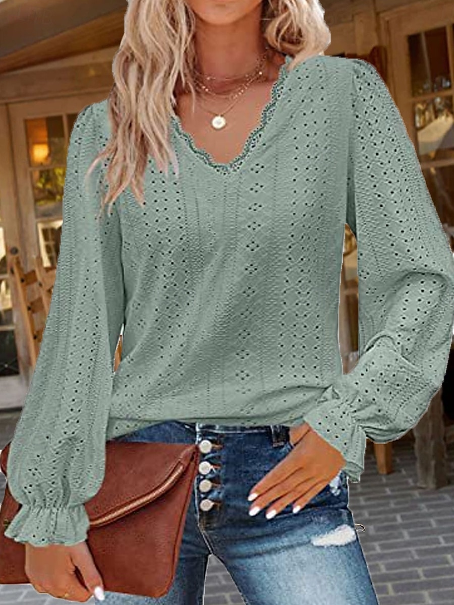 Women's White Elegant Lace Tops Eyelet Blouse Stylish Solid Color Eyelet Puff Sleeve Long Sleeve Regular Tops V Neck Daily Romantic Petite Tops Summer Holiday Wear White Pink Purple Green Spring Fall 2025 - $27.99 –P1