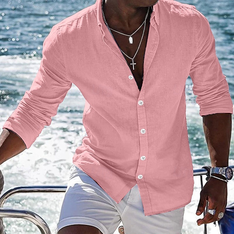 Men's Shirt Linen Shirt Summer Shirt Beach Shirt Plain Vacation Curise Black White Pink Blue Long Sleeve Lapel Spring & Summer Clothing Apparel Basic 2025 - $22.99 –P3
