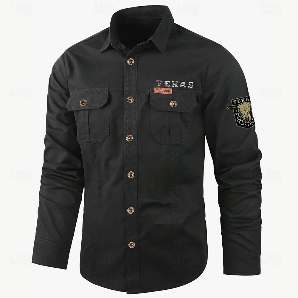 Men's Texas Cow Print Work Shirt Western Shirt Cargo Shirt Long Sleeve Casual Tactical Sports & Outdoor Going out Winter Spring &  Fall Turndown Print Black Army Green Khaki Beige 2026 - $29.99 –P1
