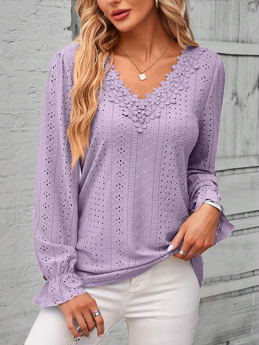 Women's Elegant Lace Tops Eyelet Blouse Solid Color Lace Eyelet Flutter Sleeve Long Sleeve Regular Tops V Neck Daily Romantic Petite Tops Summer Holiday Wear Pink Blue Purple Green Spring Fall 2025 - $27.99 –P3