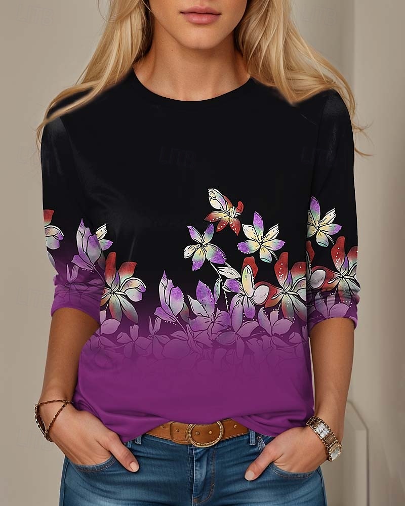 Kobiec T-shirt tunika moda casual nadruk długi rękaw regularne topy dekolt zaokrąglony codzienny czarny wiosna jesień 2025 - $22.99 –P1