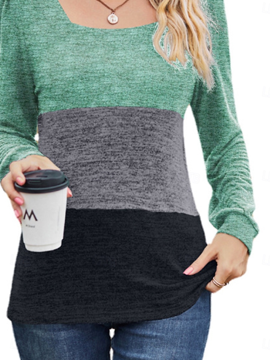 t-shirt femme mode moderne décontracté imprimé manches longues régulier hauts col carré quotidien week-end vert gris automne hiver de 2025 ? $34.99 –P3