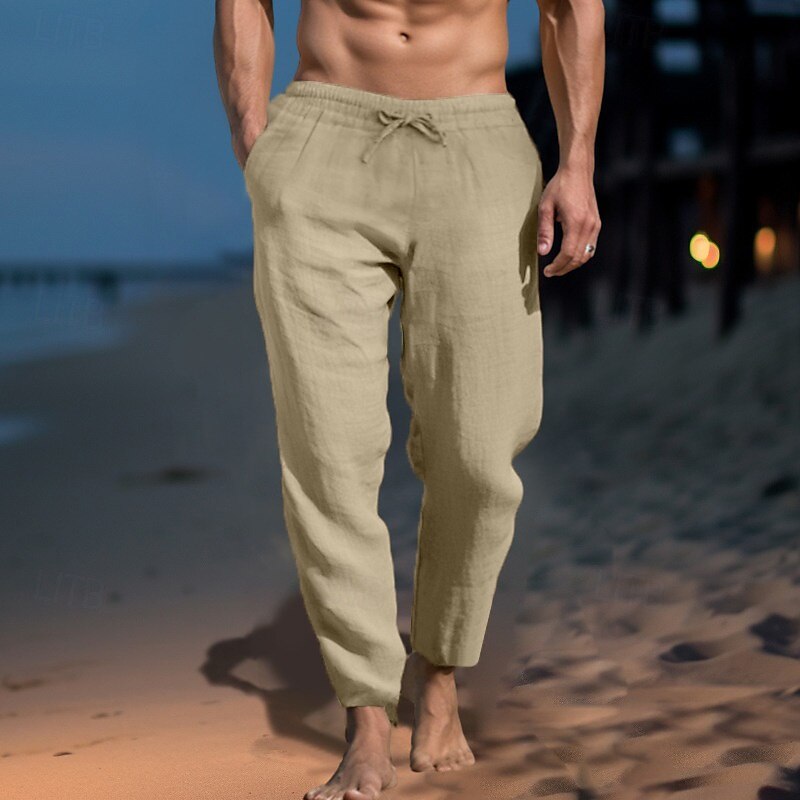 Men's Linen Pants Trousers Summer Pants Beach Pants Pocket Drawstring Elastic Waist Plain Comfort Soft Daily Weekend Streetwear Casual Black White Micro-elastic 2025 - $21.99 –P10