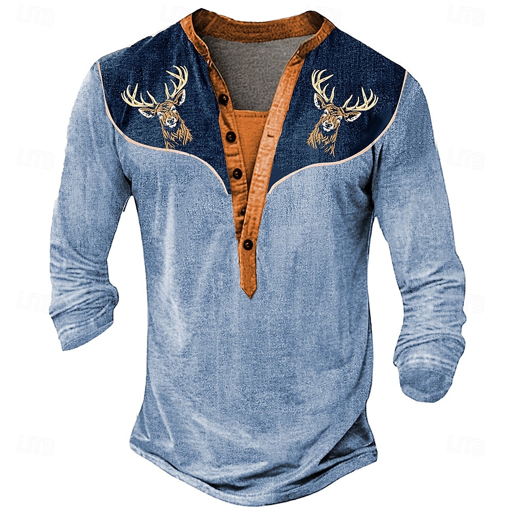 Maglietta Uomo Cervo Camicia Henley Maniche Lunghe Stampa 3D Quotidiana Festa Etnica Street Casual Inverno Primavera e Autunno Blu Arancione Grigio Henley Maglietta Henley del 2026 a $23.99 –P4