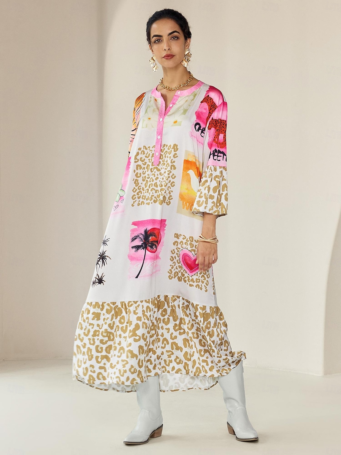 Robe longue décontractée à col ras du cou et à boutons en satin imprimé léopard de 2025 ? $68.99 –P7