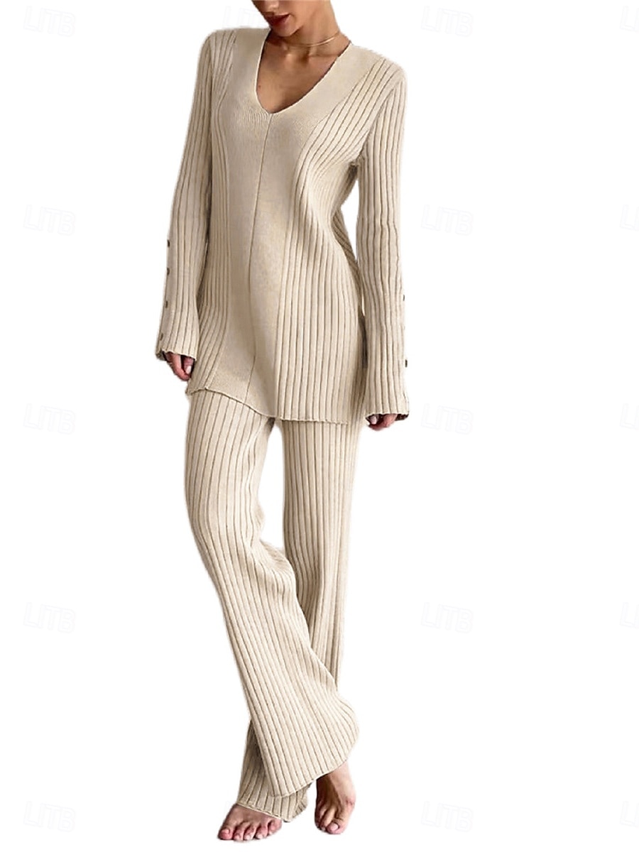 pyjamasset för kvinnor ren färg mode grundläggande komfort hem daglig säng stickad andas v wire långärmad tröja byxknapp resår midja höst vinter hem outfits 2025 - $52.99 –P2