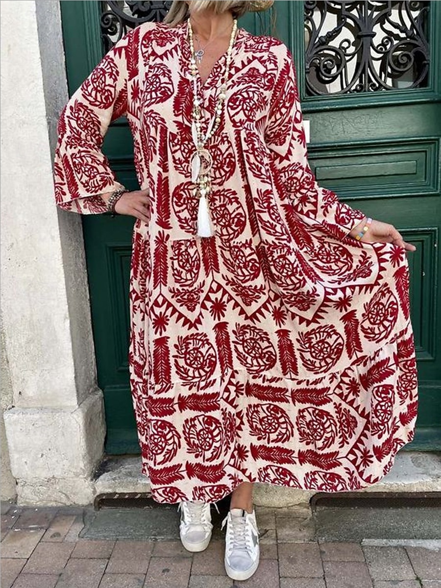 Dámské Maxi šaty Boho šaty Elegantní stylové Dovolená Denní Běžný Grafika Dlouhý rukáv Košilový límec Rubínově červená Vodní modrá Trávová zelená Léto Jaro Podzim 2025 - $30.99 –P2