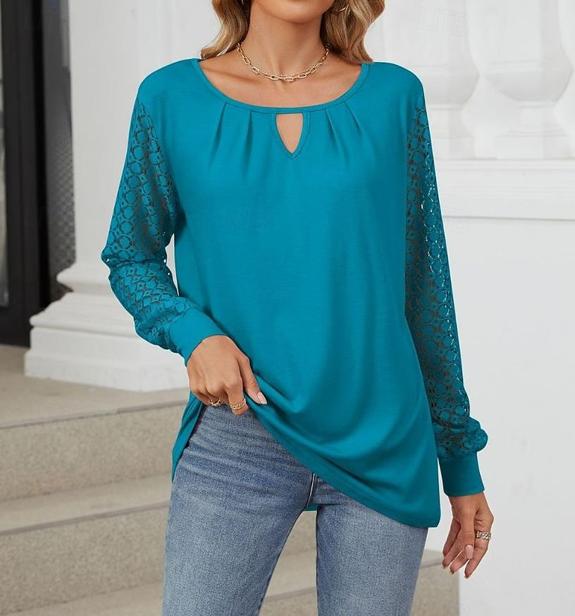 női blúz műselyem elegáns stílusos modern egyszínű hálós hát nélküli patchwork hosszú ujjú nyakkivágással napi fekete fehér rózsaszín kék tavasz ősz tél 2025 - $27.99 –P5