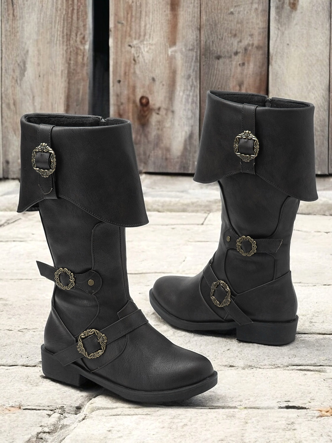Women's Vintage Mid-Calf Witch Boots with Decorative Buckles and Folded Cuff - Vintage Pirate Style Cosplay Costume Shoes 2025 - $59.99 –P4