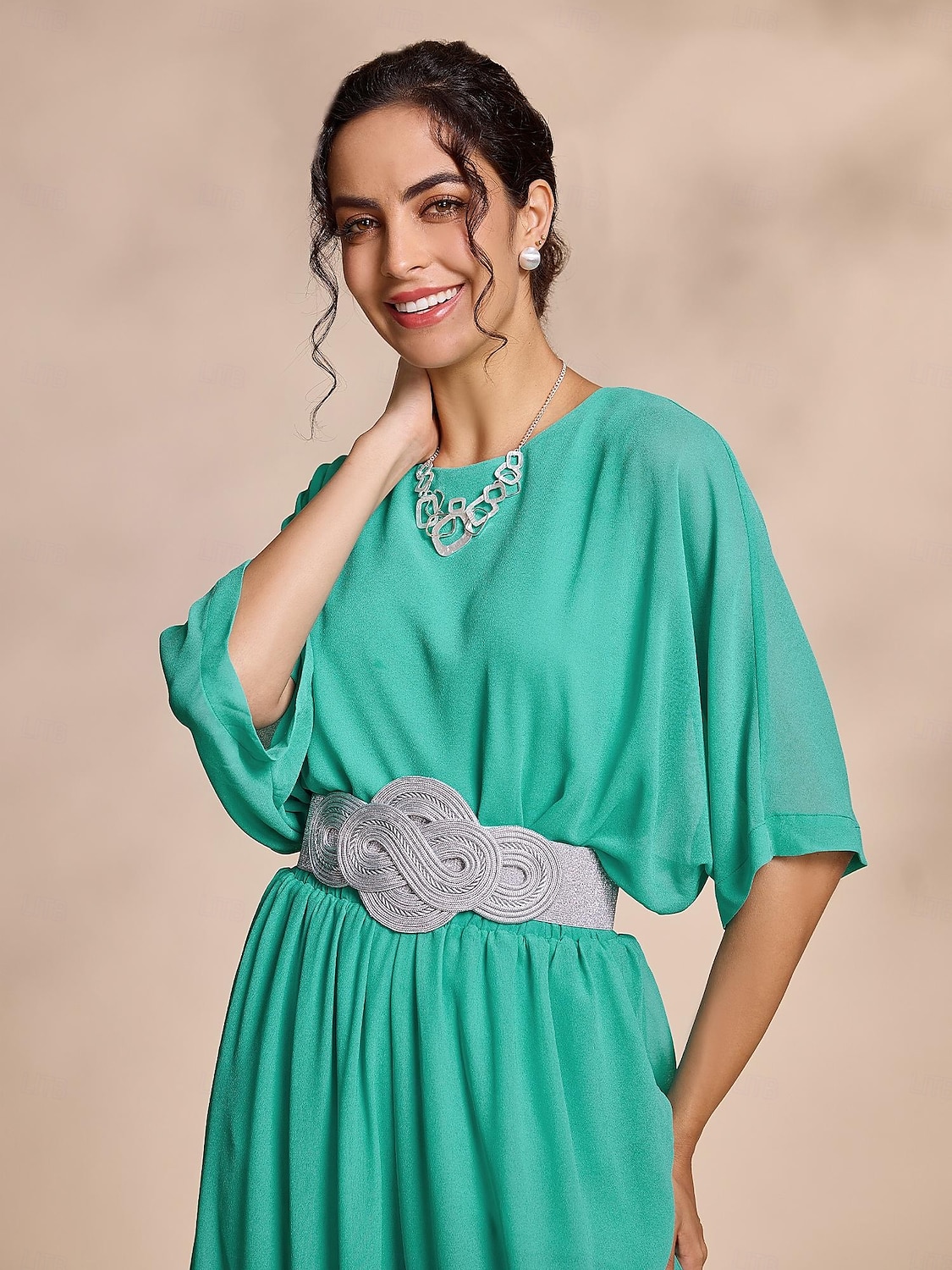 camicetta girocollo casual in chiffon con maniche magiare (cintura non inclusa) del 2025 a $54.99 –P1