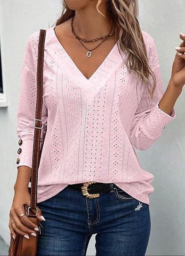damblus elegant snygg modern ihålig långärmad vanliga toppar v-ringad arbete dagligen svart vit rosa brun vår höst vinter 2025 - $26.99 –P8