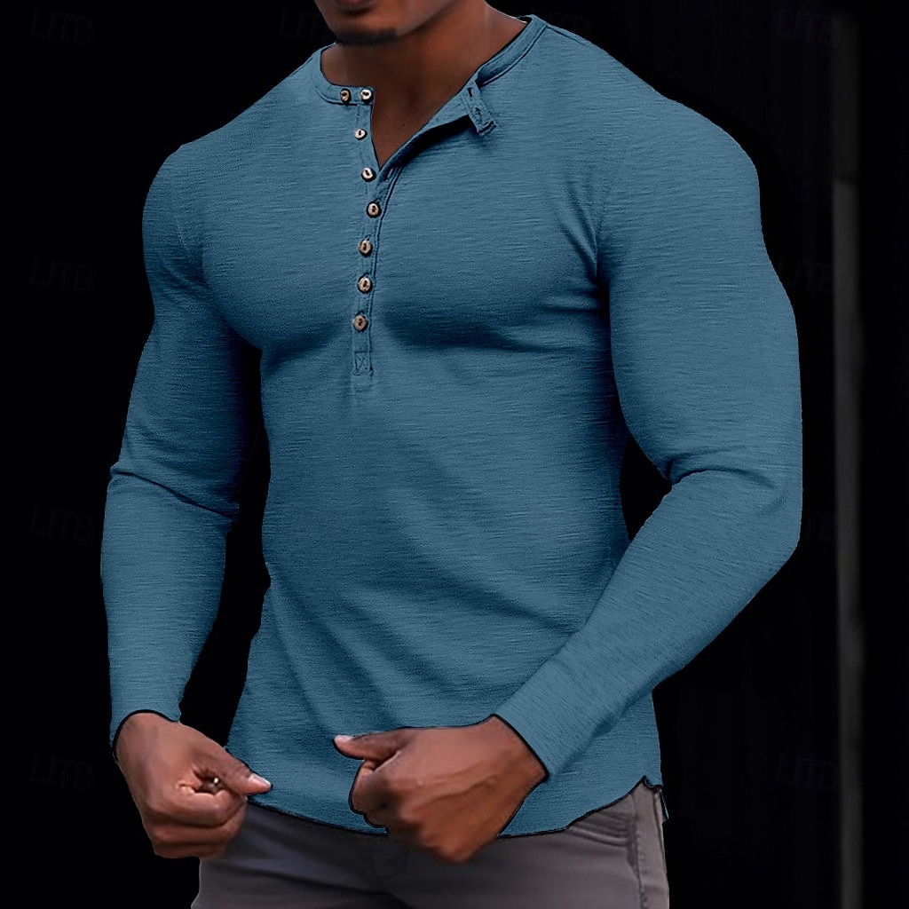 100% bawełniana męska koszulka henley koszulka z długim rękawem koszula z długim rękawem jednolity kolor modny codzienny guziki henley outdoor casual lato ciemnobrązowy wojskowa zieleń ciemnoszary henley t-shirt 2025 - $22.99 –P13