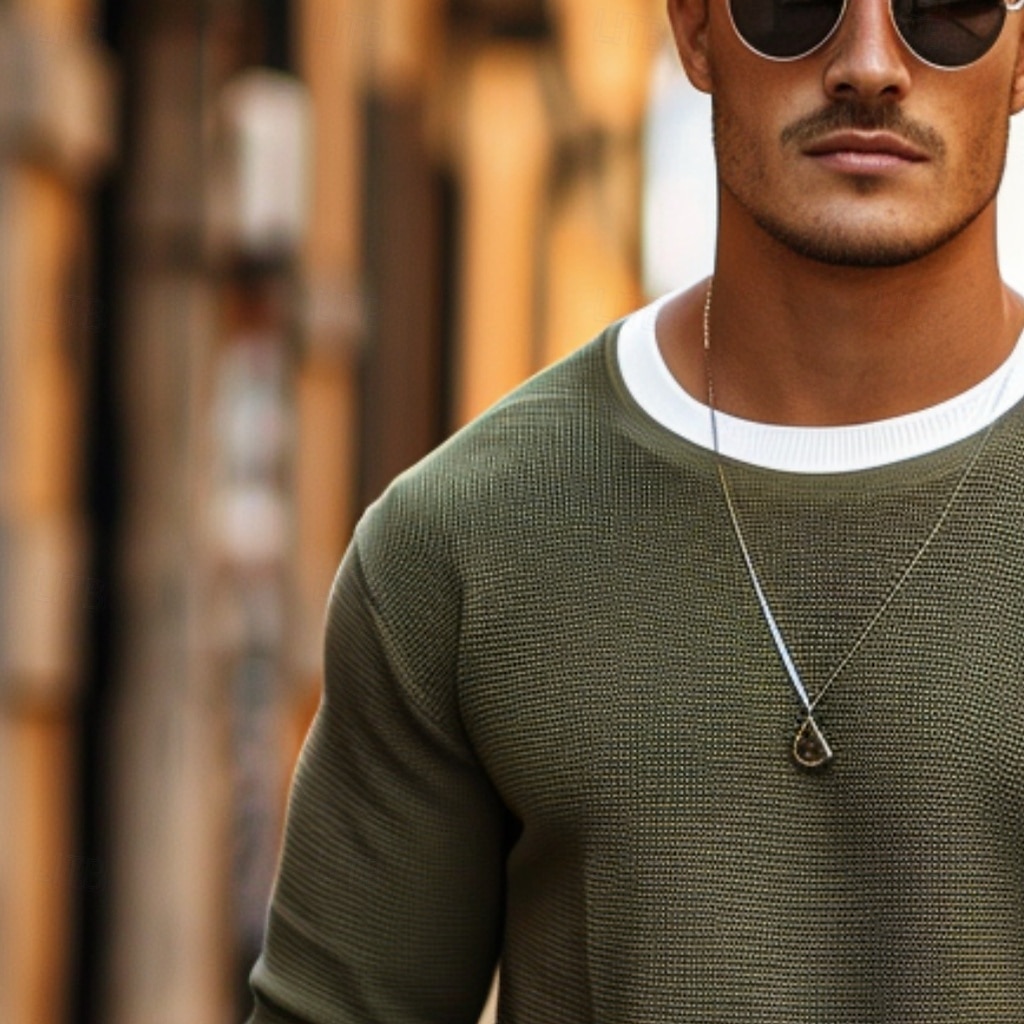 Herren Waffel T-Shirt Pullover Sweatshirt T-Shirt Langarmshirt Langarm Rundhalsausschnitt Frühling & Herbst Einfach Mode Designer Basic Mode Falscher Zweiteiler Urlaub Straße Ausgehen Dunkelbraun 2025 - $28.99 –P9