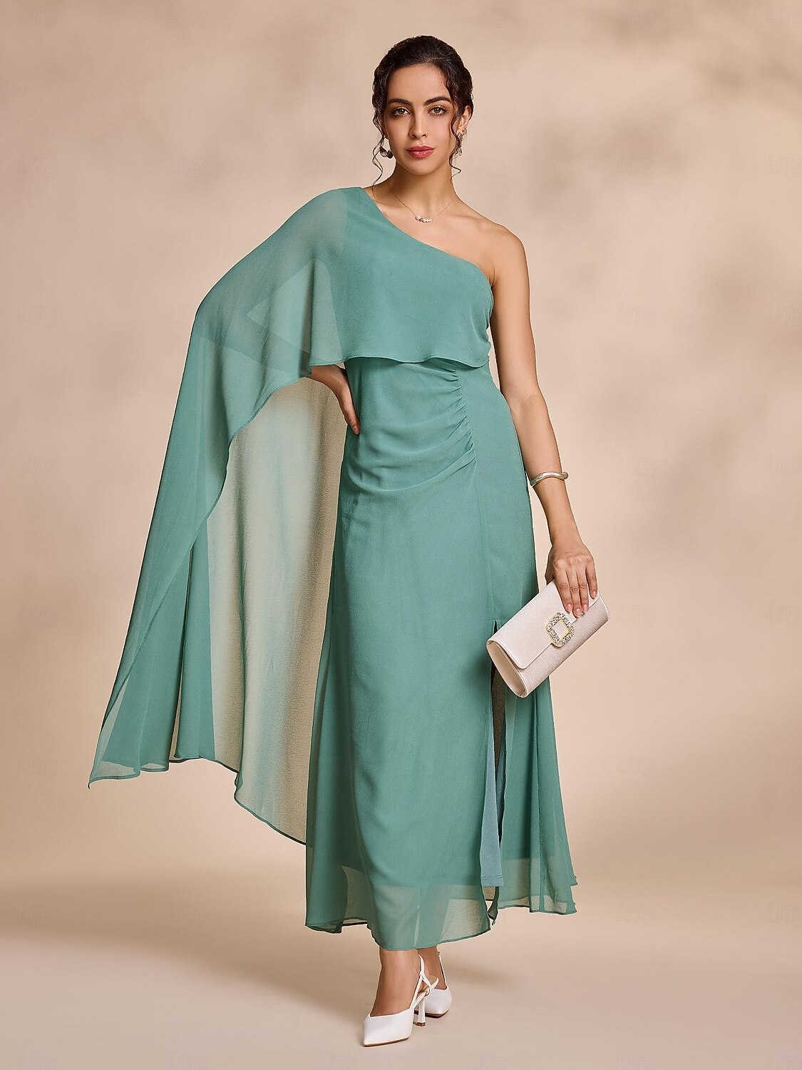 abito lungo con volant e peplo in chiffon verde per feste/invitati a nozze, abito per stupire 2024 del 2025 a $52.99 –P4