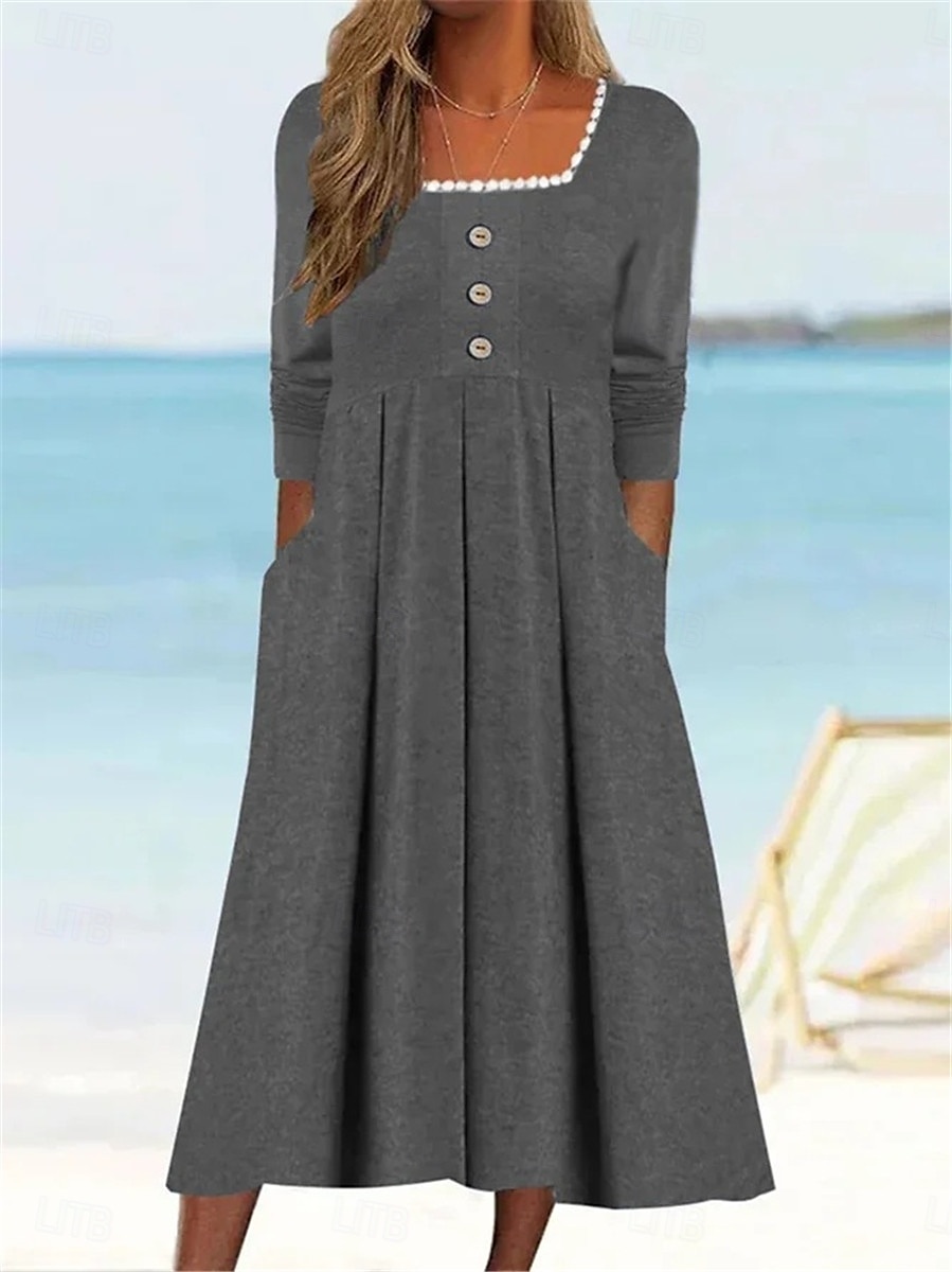 Damen Casual kleid Midikleid Patchwork Taste Urlaub Strassenmode Basic Quadratischer Ausschnitt 3/4 Ärmel Schwarz Weiß Wein Farbe 2025 - $41.99 –P4