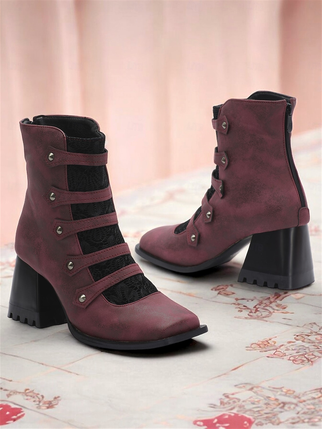Burgunderfarbene Riemchenstiefel im Vintage-Stil mit dickem Absatz und Spitzendetail für Damen, ideal für Abendveranstaltungen und stilvolle Ausflüge 2025 - $64.99 –P1