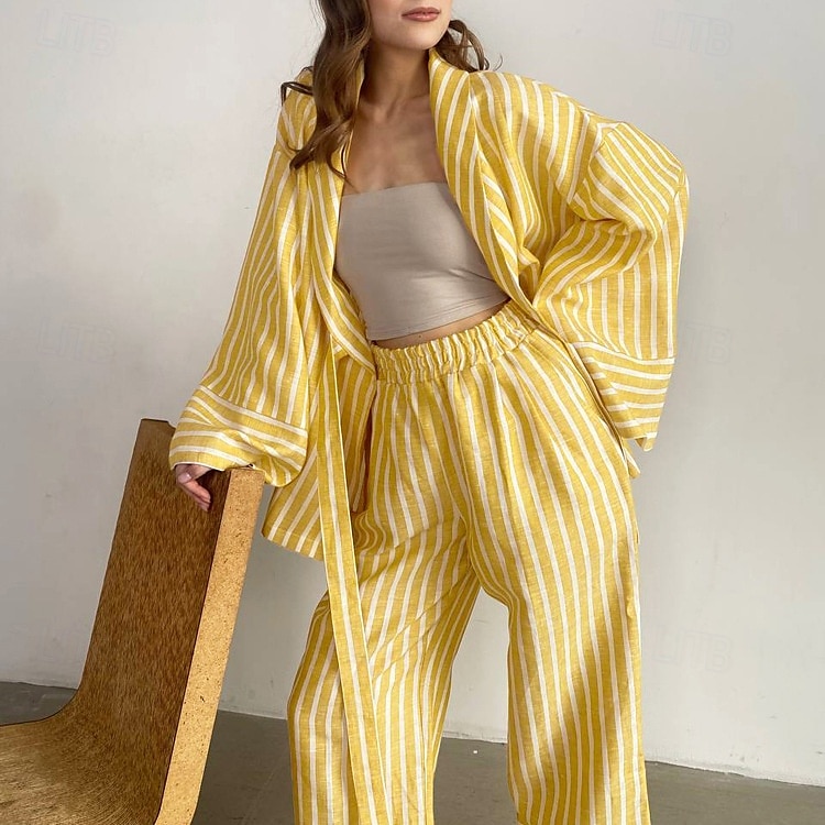 camicie stampate da donna&amp;abiti da notte - abiti da casa a righe in poliestere del 2025 a $43.99 –P5