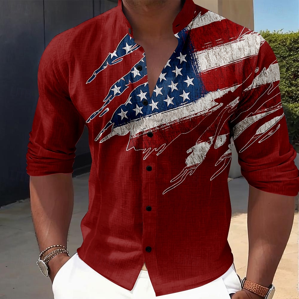 Dia da Independência Americana Homens Bandeira americana Patriótico camisa de botão Manga Longa Casual Férias Diário Verão Primavera & Outono Faixa colarinho do vovô Impressão 3D Preto Vermelho Azul de 2025 por $26.99 –P5