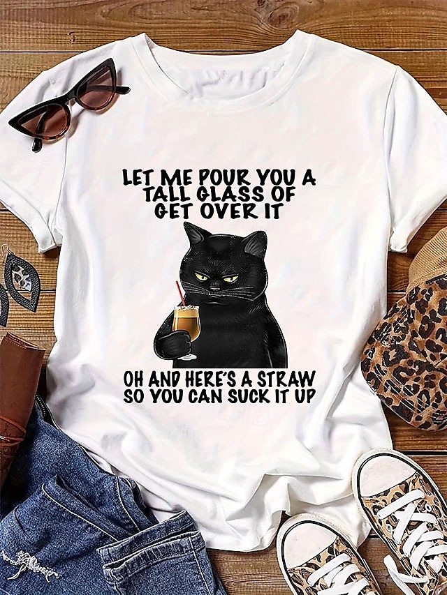 Femme T shirt Chat Lettre Décontractées Manche Courte Col Ras du Cou Hauts réguliers du quotidien Imprimer Blanche Bleu Blanc Ecru Eté de 2025 ? $19.99 –P4