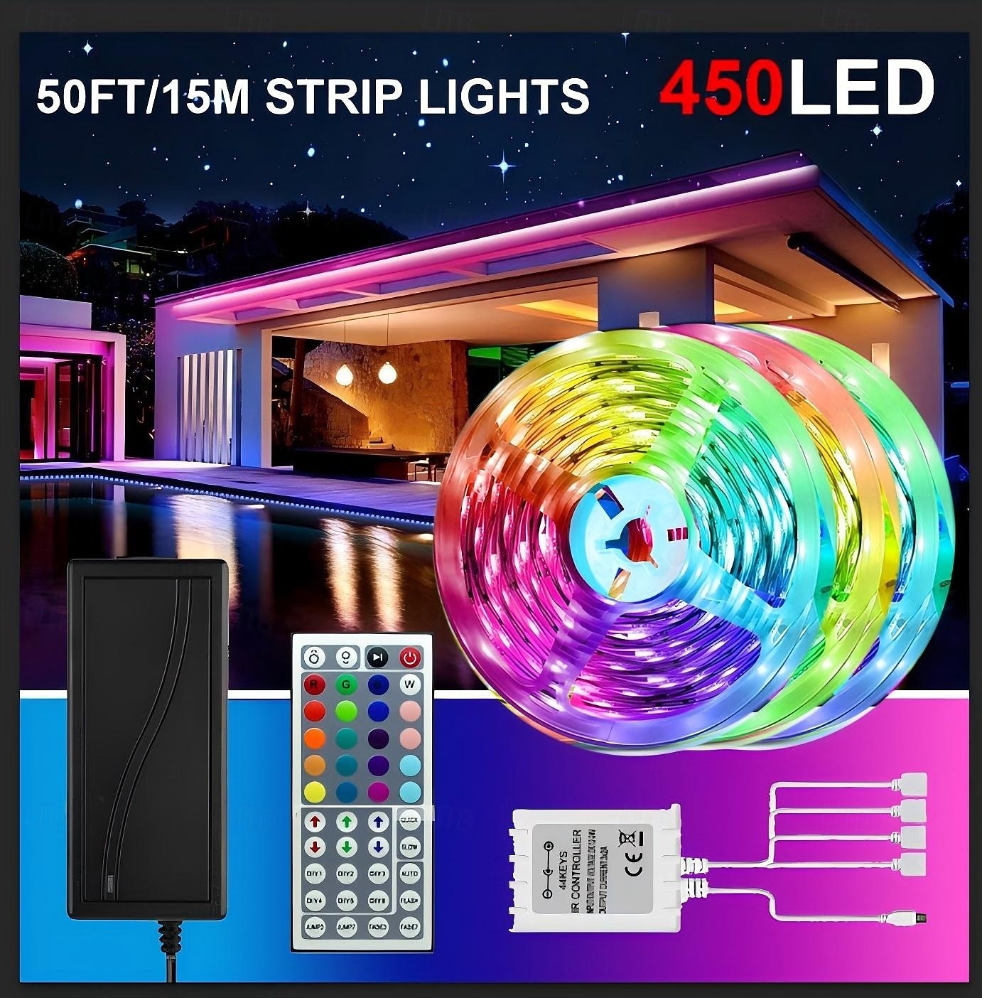 شرائط إضاءة LED RGB بطول 49.2 قدم، 3 × 5 متر، 5050 SMD 450 LED، شريط إضاءة مرن مقاوم للماء 10 مم، شريط إضاءة متغير اللون مع جهاز تحكم عن بعد بالأشعة تحت الحمراء مكون من 44 مفتاحًا، تيار مستمر 12 فولت 2025 - $38.99 –P6