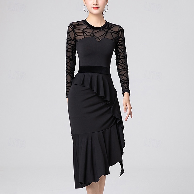 Danse latine Robe Volants Couleur Pure Fantaisie Femme Utilisation Entraînement manche longue Taille haute Polyester de 2026 ? $68.99 –P4