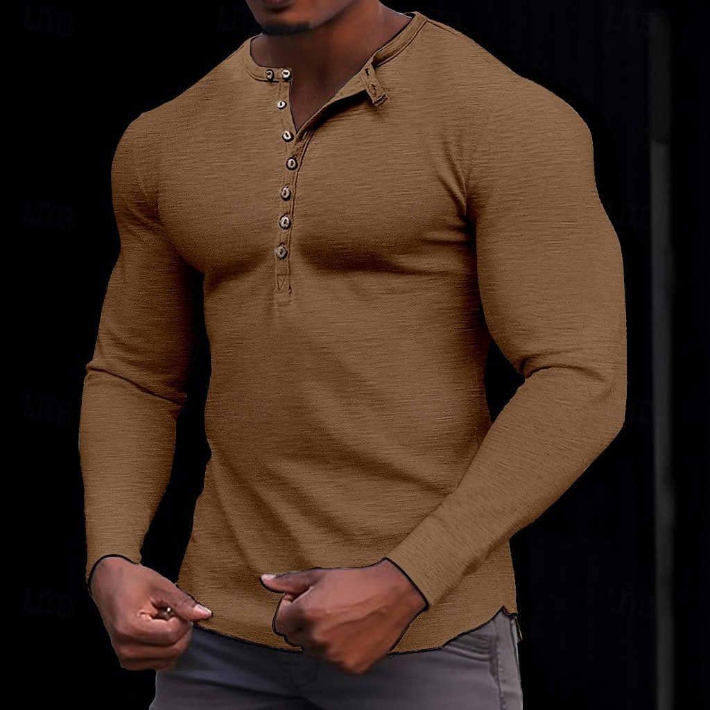 100% bawełniana męska koszulka henley koszulka z długim rękawem koszula z długim rękawem jednolity kolor modny codzienny guziki henley outdoor casual lato ciemnobrązowy wojskowa zieleń ciemnoszary henley t-shirt 2025 - $22.99 –P8