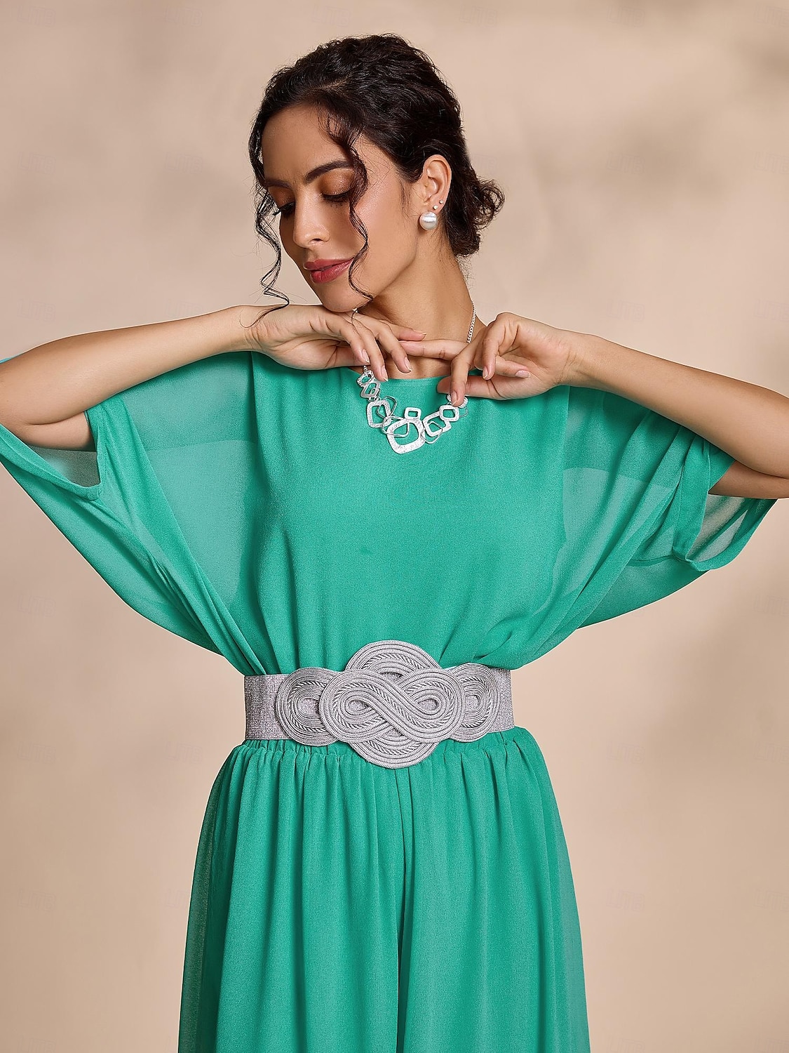 camicetta girocollo casual in chiffon con maniche magiare (cintura non inclusa) del 2025 a $54.99 –P4