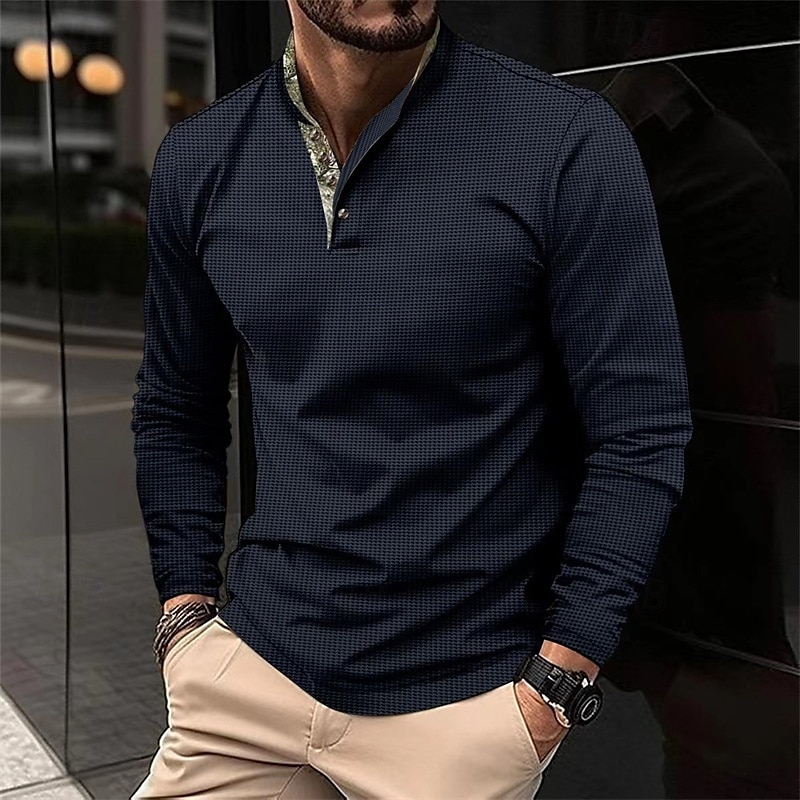 Herren Waffel-Poloshirt Golfhemd Arbeit Casual Ständer Langarm Basic Modern Farbblock Patchwork Taste Frühling & Herbst Regular Fit Schwarz Weiß Wein Marinenblau Dunkelgrau Armeegrün Waffel-Poloshirt 2025 - $20.99 –P6