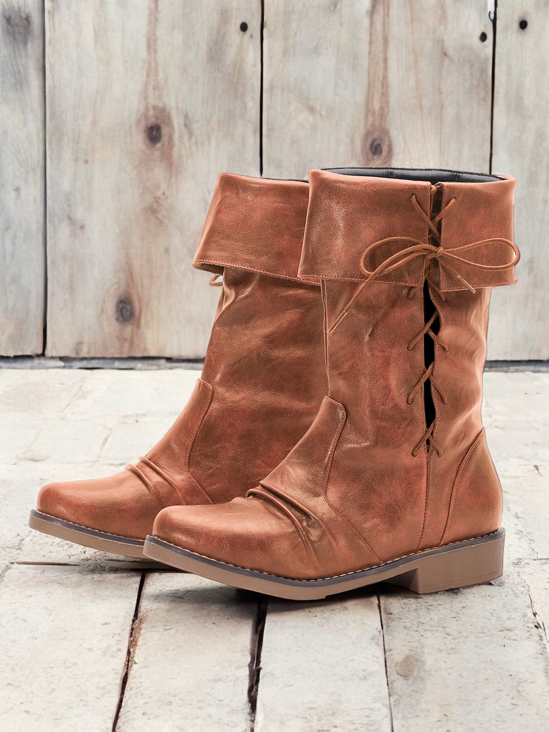 Burgunderrote, wandelbare Stiefel mit halbhoher Schafthöhe für Damen mit umklappbarem Schaft und Schnürdetail – vielseitiges Schuhwerk im Vintage-Stil für lässige und herbstliche Outfits 2025 - $59.99 –P2