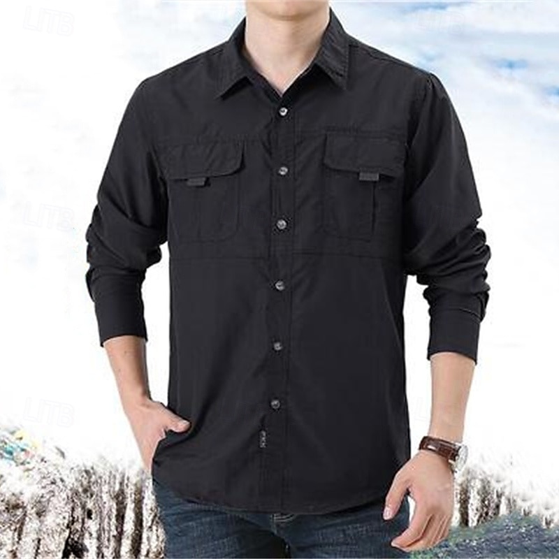 Men's Shirt Workwear Shirts Work Shirt Button Up Shirt Cargo Shirt Black khaki Army Green Gray Long Sleeve Plain Lapel Vacation Holiday Front Pocket Clothing Apparel Polyester Fashion Casual 2025 - $33.99 –P4