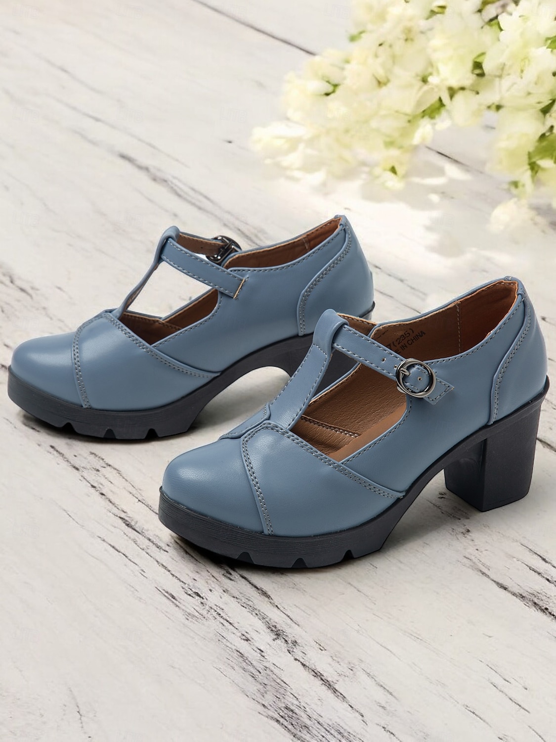 női kék mary jane vaskos sarkú cipő - retro t-pántos dizájn irodai és hétköznapi viselethez 2025 - $54.99 –P4