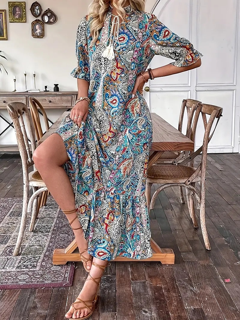 Dámské Maxi šaty Volnočasové šaty Boho šaty stylové Na běžné nošení Denní Volný Grafika Dlouhý rukáv Do V Vodní modrá Jaro Podzim 2025 - $27.99 –P4