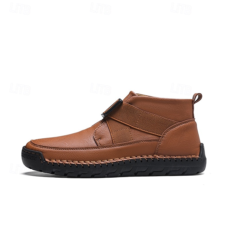 botins masculinos de couro sintético marrom com costura artesanal, tira e fivela para um estilo casual e ao ar livre de 2025 por $54.99 –P2