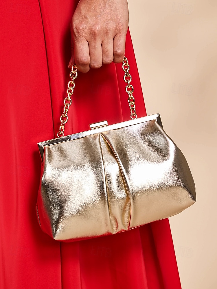 elegantní dámská zlatá metalická spojka s plisovaným designem a řetízkovými pásky - ideální pro večerní akce a formální příležitosti 2025 - $26.99 –P1