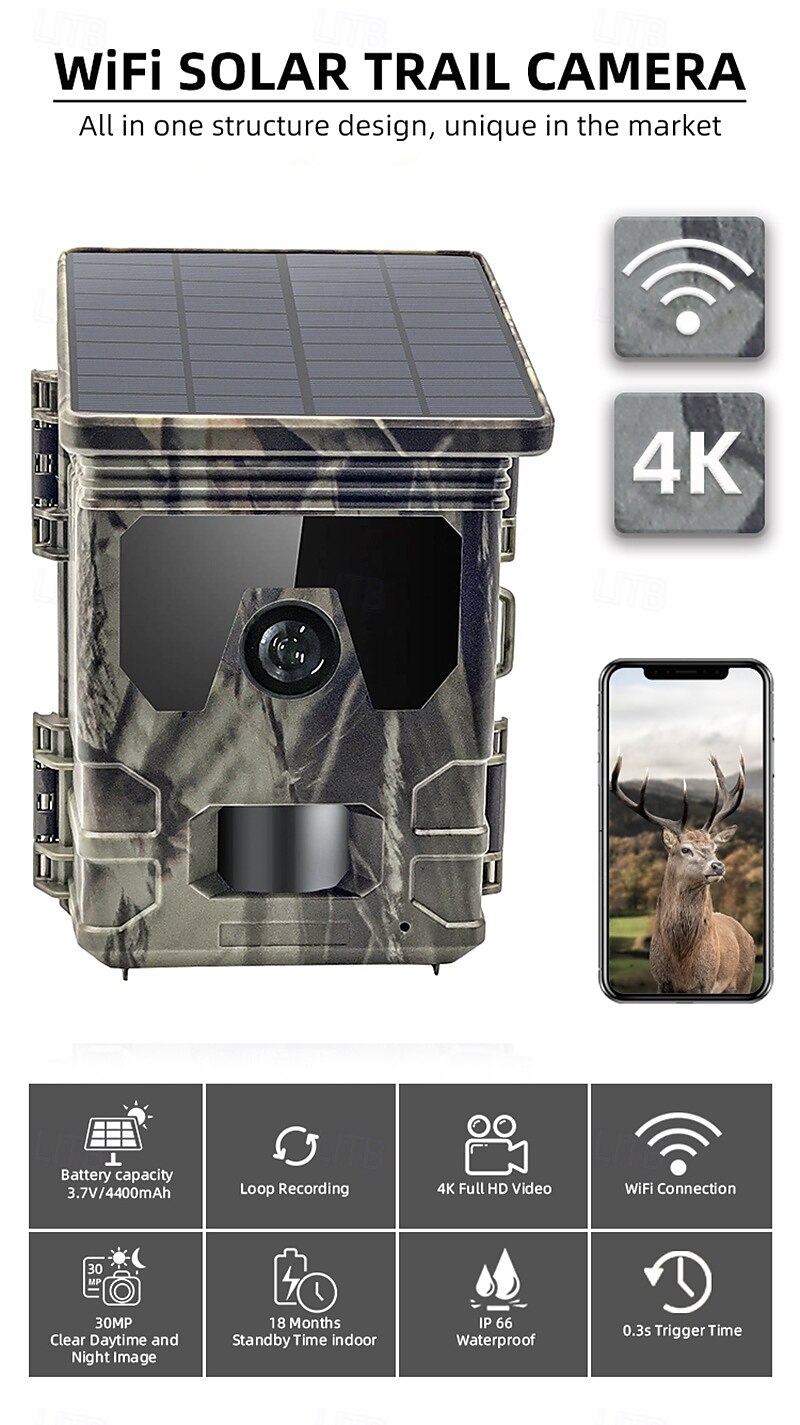 Solar Powered Night Vision Trail Camera 50MP 4K Hunting Cameras 0.3s Trigger Time Trail Camera for Wildlife Monitoring Hunting 2025 - $124.99 –P6