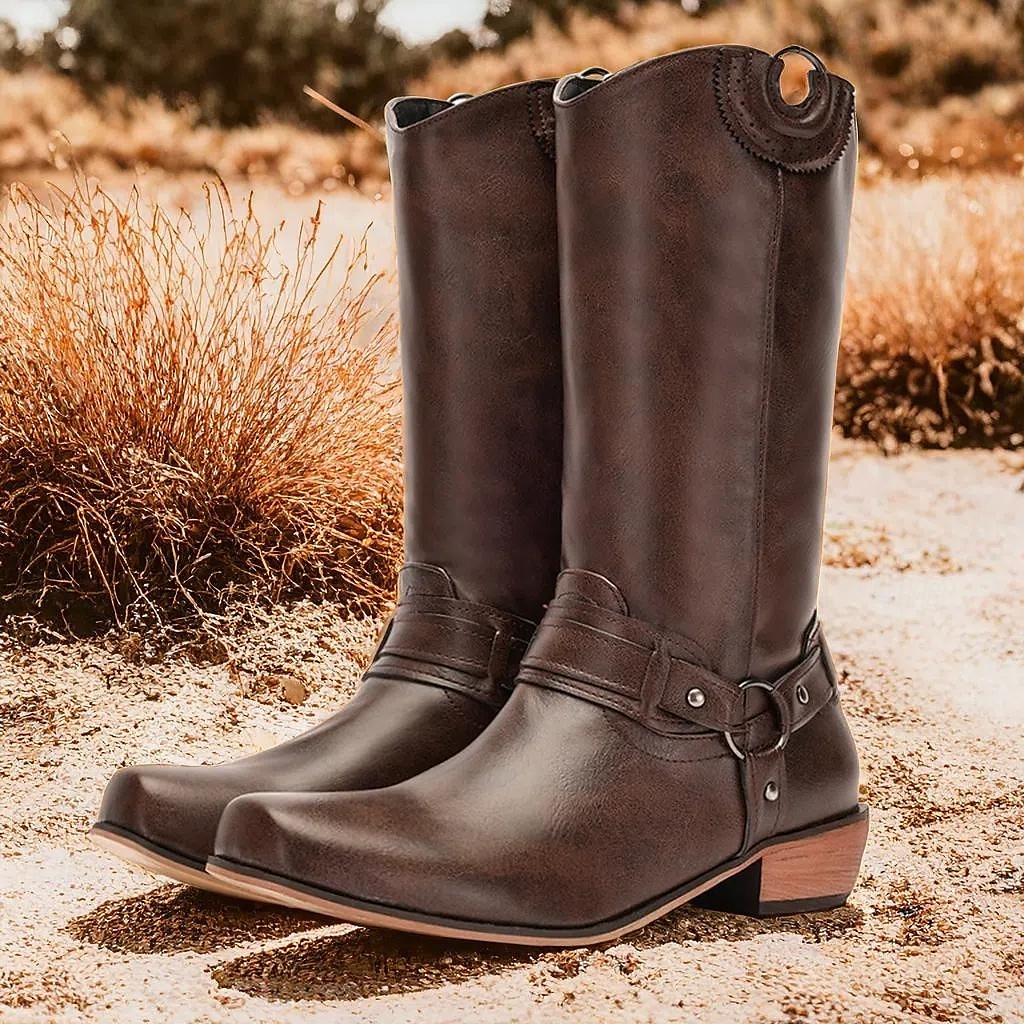 Botas de motociclista estilo western de piel sintética marrón para hombre: estilo clásico con detalle de arnés para uso ecuestre y casual 2025 - $59.99 –P1